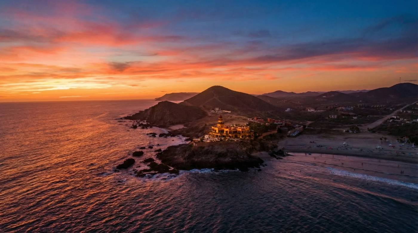 Aerial view of Cerritos Beach on Baja’s Pacific coast at sunset